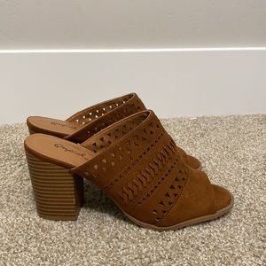 QUPID brown slip on peep toe heel sandals